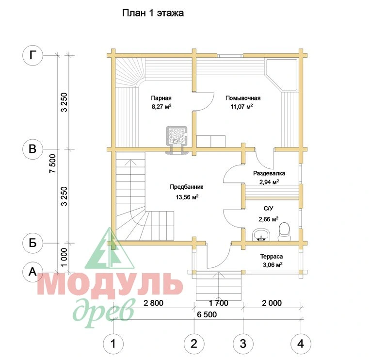 Проект брусовой бани «Александрия» - планировка