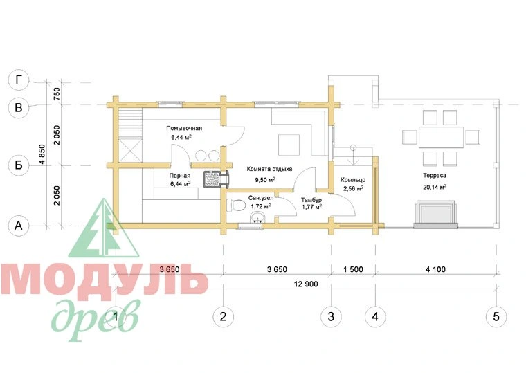 Деревянная баня из бруса «Ижма» - планировка